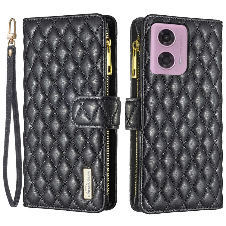 BINFEN COLOR BF Style-15 For Motorola Moto E14 4G / G04 4G / G04s 4G / G24 4G PU Leather Phone Case Magnetic Closure Zipper Pocket - Black