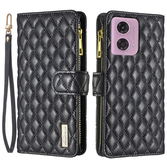 BINFEN COLOR BF Style-15 For Motorola Moto E14 4G / G04 4G / G04s 4G / G24 4G PU Leather Phone Case Magnetic Closure Zipper Pocket - Black