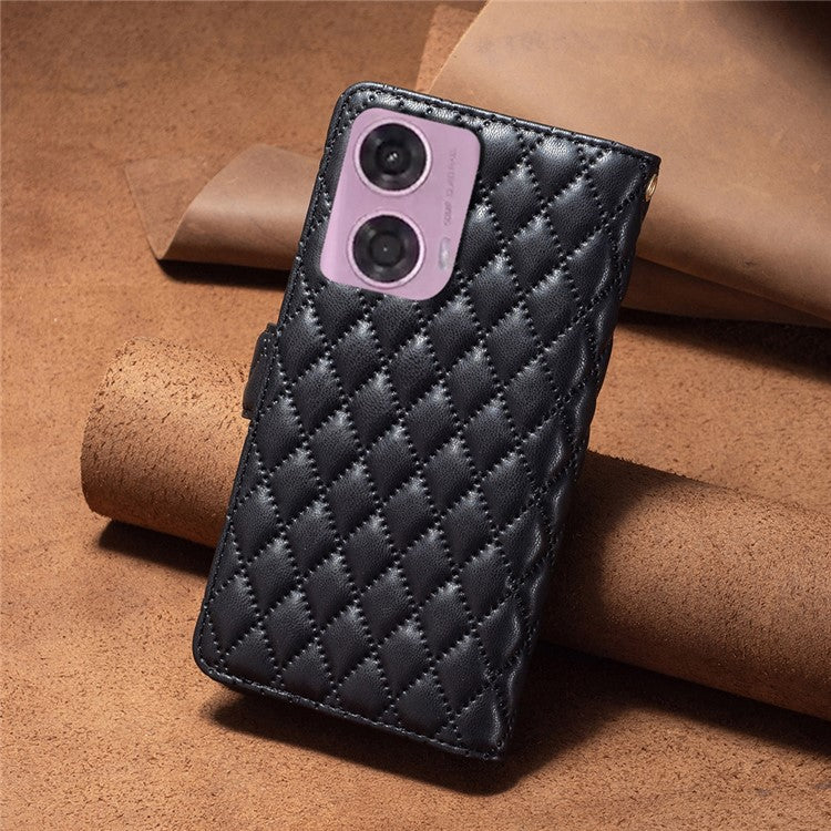 BINFEN COLOR BF Style-15 For Motorola Moto E14 4G / G04 4G / G04s 4G / G24 4G PU Leather Phone Case Magnetic Closure Zipper Pocket - Black