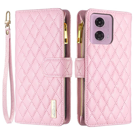 BINFEN COLOR BF Style-15 For Motorola Moto E14 4G / G04 4G / G04s 4G / G24 4G PU Leather Phone Case Magnetic Closure Zipper Pocket - Pink