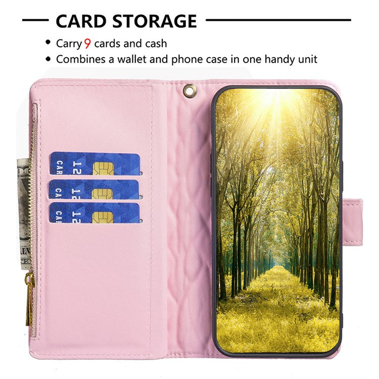 BINFEN COLOR BF Style-15 For Motorola Moto E14 4G / G04 4G / G04s 4G / G24 4G PU Leather Phone Case Magnetic Closure Zipper Pocket - Pink