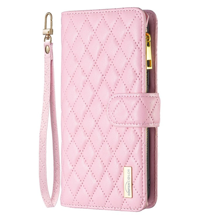 BINFEN COLOR BF Style-15 For Motorola Moto E14 4G / G04 4G / G04s 4G / G24 4G PU Leather Phone Case Magnetic Closure Zipper Pocket - Pink