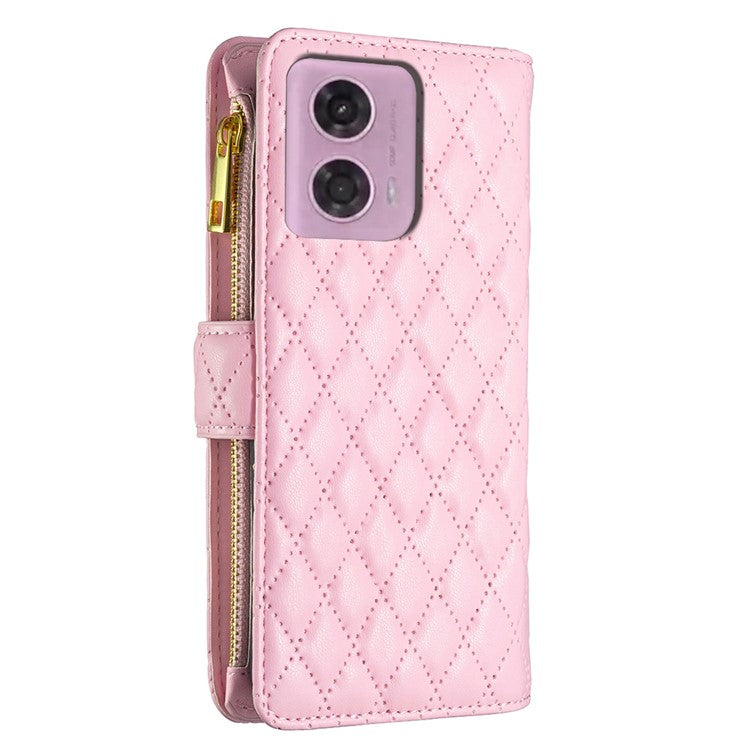 BINFEN COLOR BF Style-15 For Motorola Moto E14 4G / G04 4G / G04s 4G / G24 4G PU Leather Phone Case Magnetic Closure Zipper Pocket - Pink