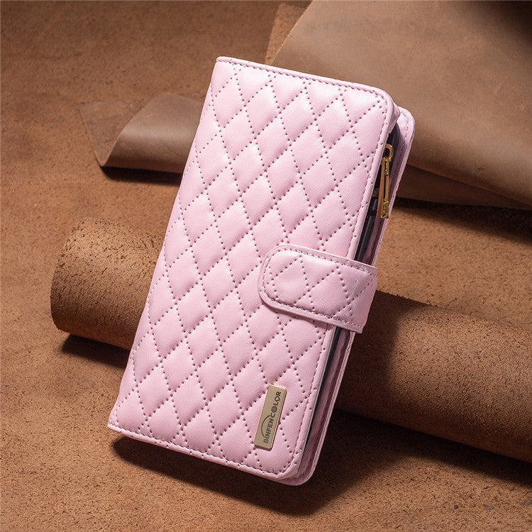 BINFEN COLOR BF Style-15 For Motorola Moto E14 4G / G04 4G / G04s 4G / G24 4G PU Leather Phone Case Magnetic Closure Zipper Pocket - Pink