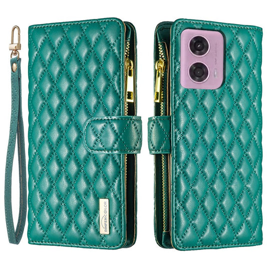 BINFEN COLOR BF Style-15 For Motorola Moto E14 4G / G04 4G / G04s 4G / G24 4G PU Leather Phone Case Magnetic Closure Zipper Pocket - Green