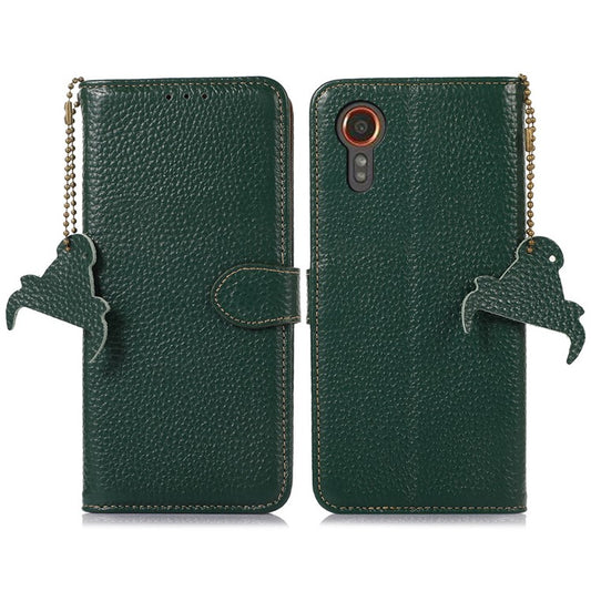For Samsung Galaxy Xcover7 RFID Blocking Phone Case Genuine Cow Leather Cover - Green