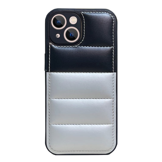 For iPhone 14 Plus Case Splicing Color TPU+PU Leather Puffer Jacket Phone Cover - Silver
