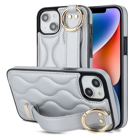 For iPhone 14 Plus Cell Phone Case Wave Pattern Shockproof PU+TPU Wristband Cover - Silver