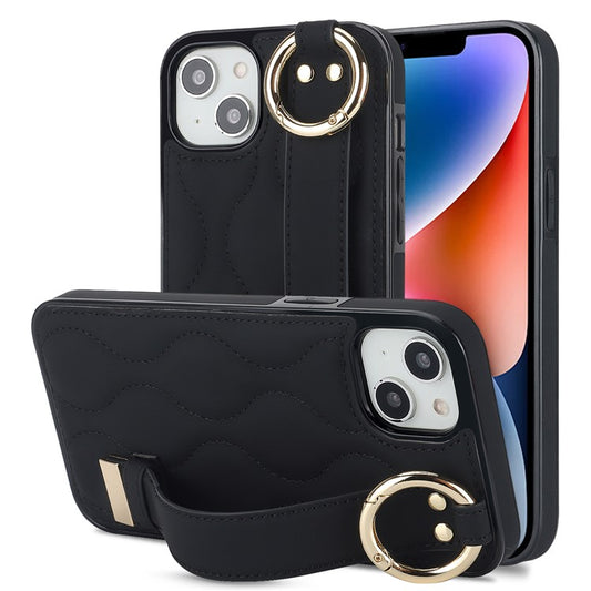 For iPhone 14 Plus Cell Phone Case Wave Pattern Shockproof PU+TPU Wristband Cover - Black