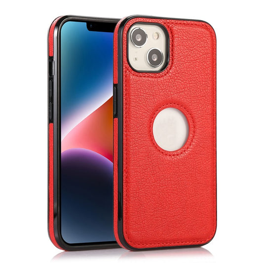 For iPhone 14 Cell Phone Case TPU+PU Leather Anti-scratch Cover with Logo View Hole - Red