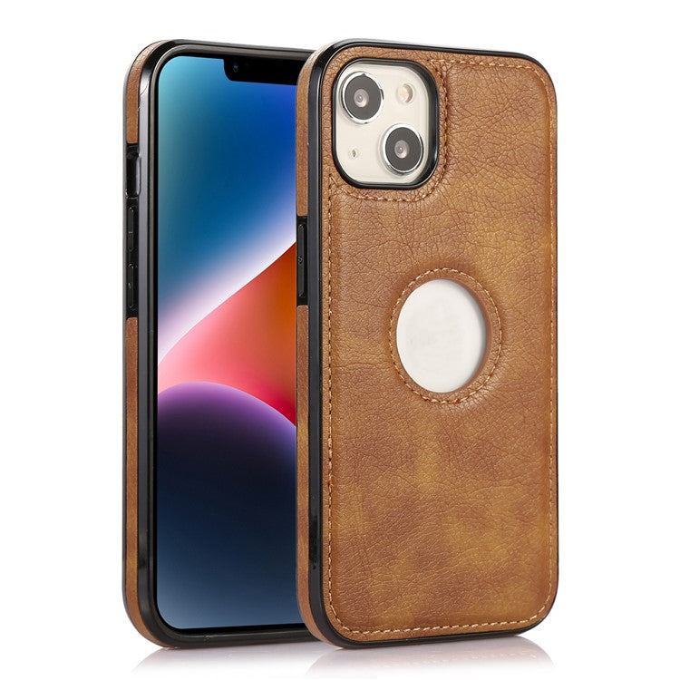 For iPhone 14 Cell Phone Case TPU+PU Leather Anti-scratch Cover with Logo View Hole - Brown