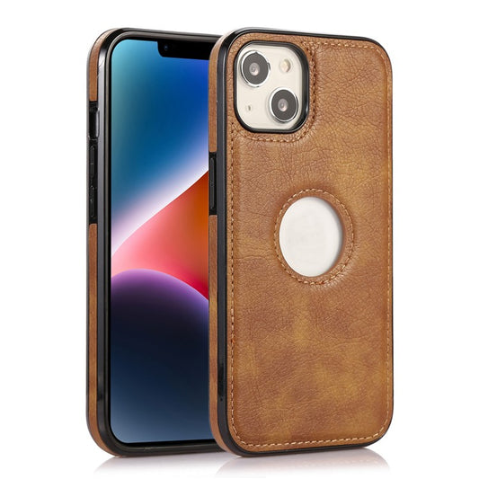 For iPhone 14 Cell Phone Case TPU+PU Leather Anti-scratch Cover with Logo View Hole - Brown