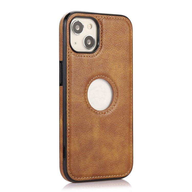 For iPhone 14 Cell Phone Case TPU+PU Leather Anti-scratch Cover with Logo View Hole - Brown