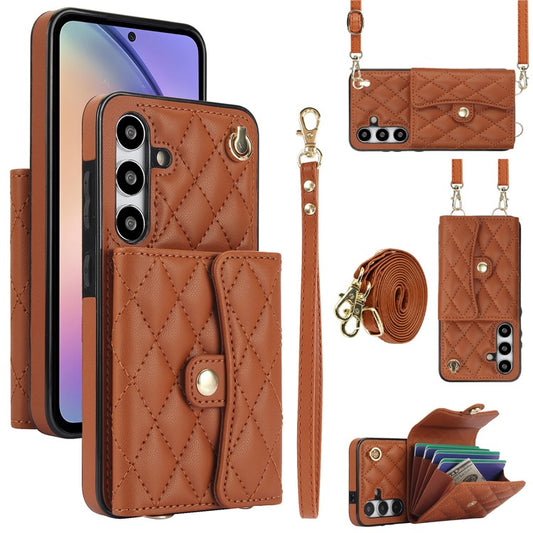 026 For Samsung Galaxy A54 5G Kickstand Card Case RFID Blocking Phone Cover with 2 Straps - Brown