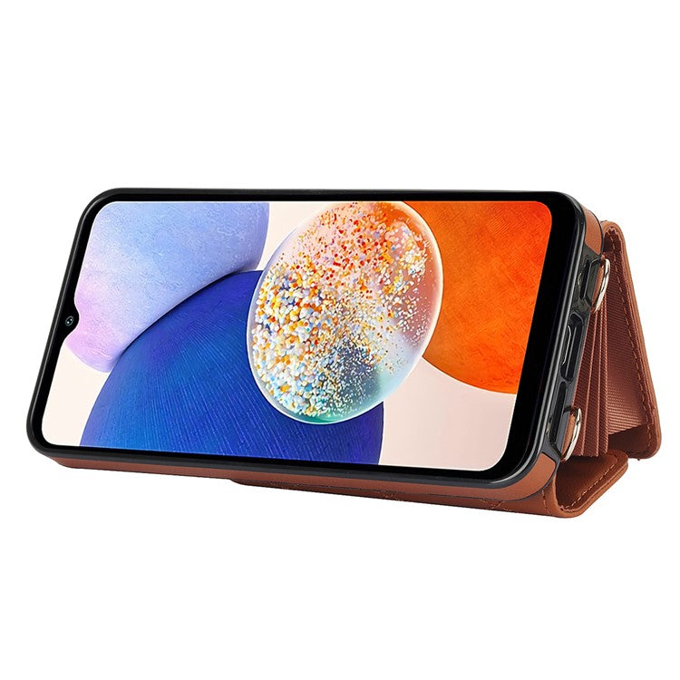 026 For Samsung Galaxy A14 4G / 5G Crossbody Phone Card Case with Hand Strap - Brown