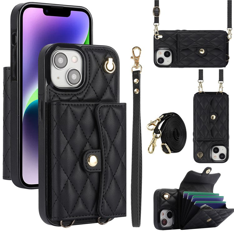 026 For iPhone 14 Plus Kickstand Case Card Slots Crossbody Phone Cover Leather+TPU - Black