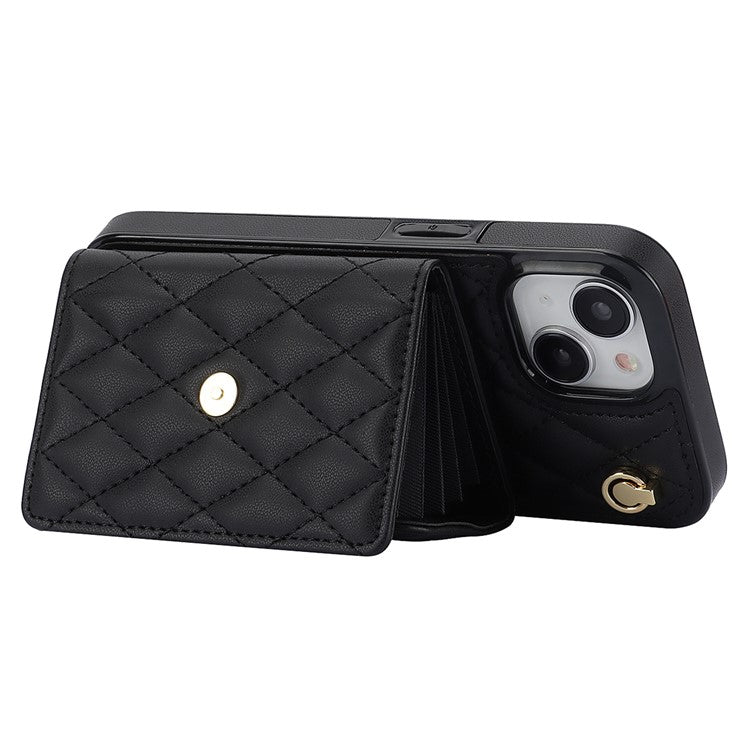 026 For iPhone 14 Plus Kickstand Case Card Slots Crossbody Phone Cover Leather+TPU - Black