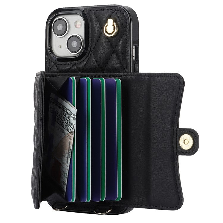 026 For iPhone 14 Plus Kickstand Case Card Slots Crossbody Phone Cover Leather+TPU - Black