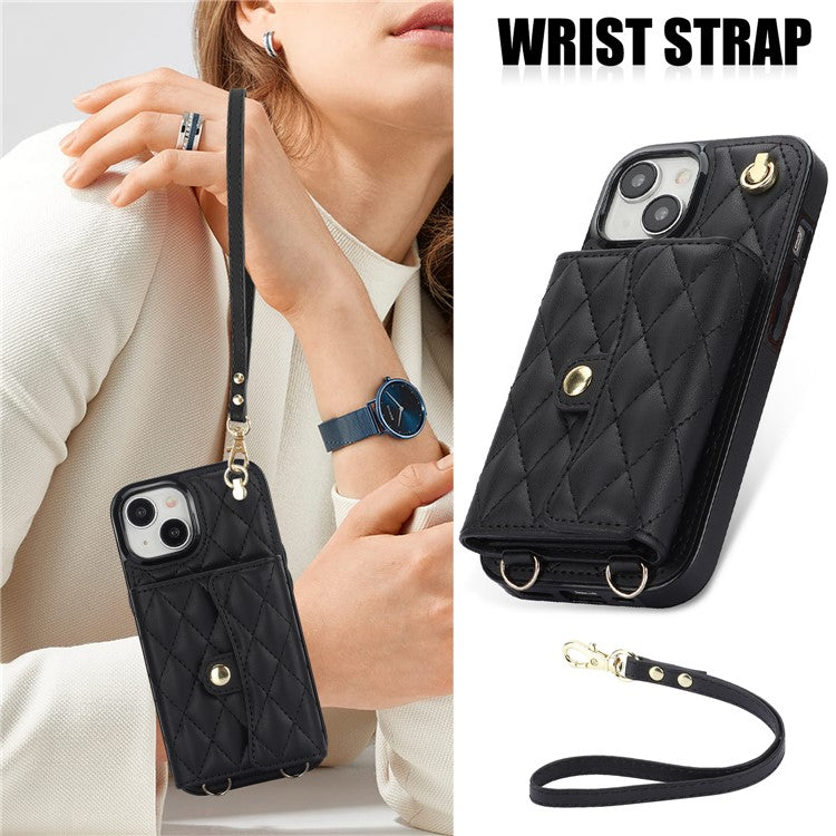 026 For iPhone 14 Plus Kickstand Case Card Slots Crossbody Phone Cover Leather+TPU - Black