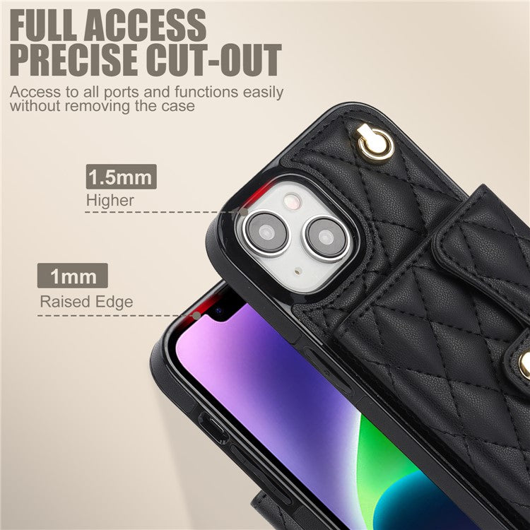 026 For iPhone 14 Plus Kickstand Case Card Slots Crossbody Phone Cover Leather+TPU - Black