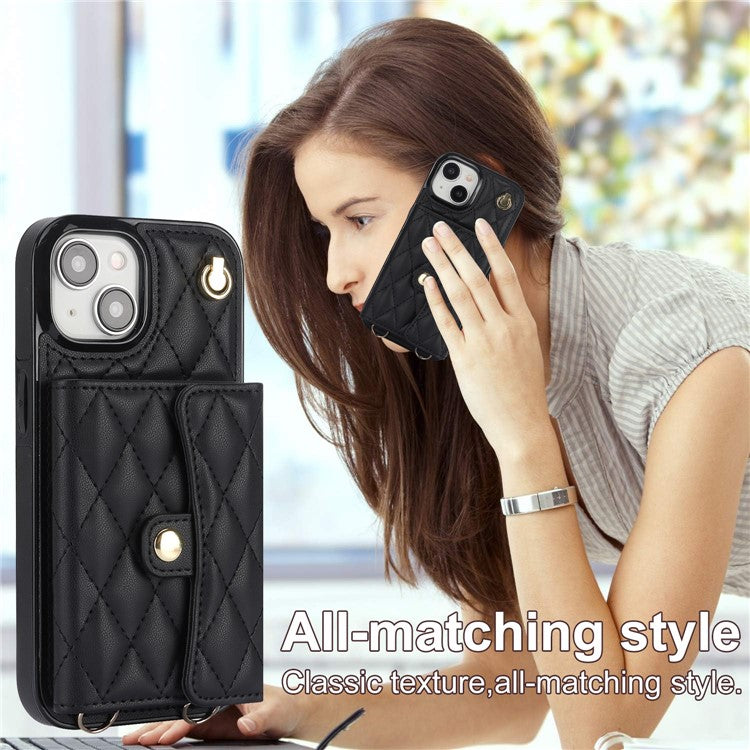 026 For iPhone 14 Plus Kickstand Case Card Slots Crossbody Phone Cover Leather+TPU - Black