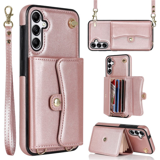 For Samsung Galaxy A15 4G / 5G Kickstand Phone Case with Card Slots and 2 Straps - Rose Gold