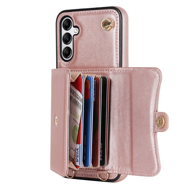 For Samsung Galaxy A15 4G / 5G Kickstand Phone Case with Card Slots and 2 Straps - Rose Gold