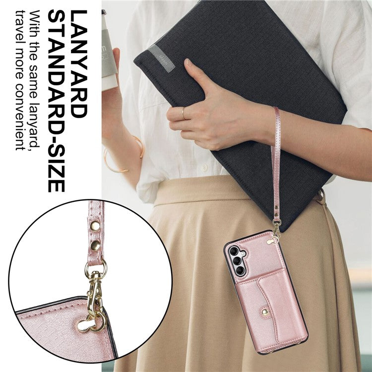 For Samsung Galaxy A15 4G / 5G Kickstand Phone Case with Card Slots and 2 Straps - Rose Gold