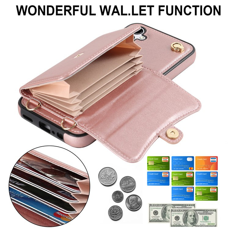 For Samsung Galaxy A15 4G / 5G Kickstand Phone Case with Card Slots and 2 Straps - Rose Gold
