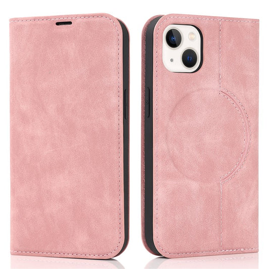 For iPhone 14 Plus Case Magnetic PU Leather RFID Blocking Cell Phone Cover - Pink