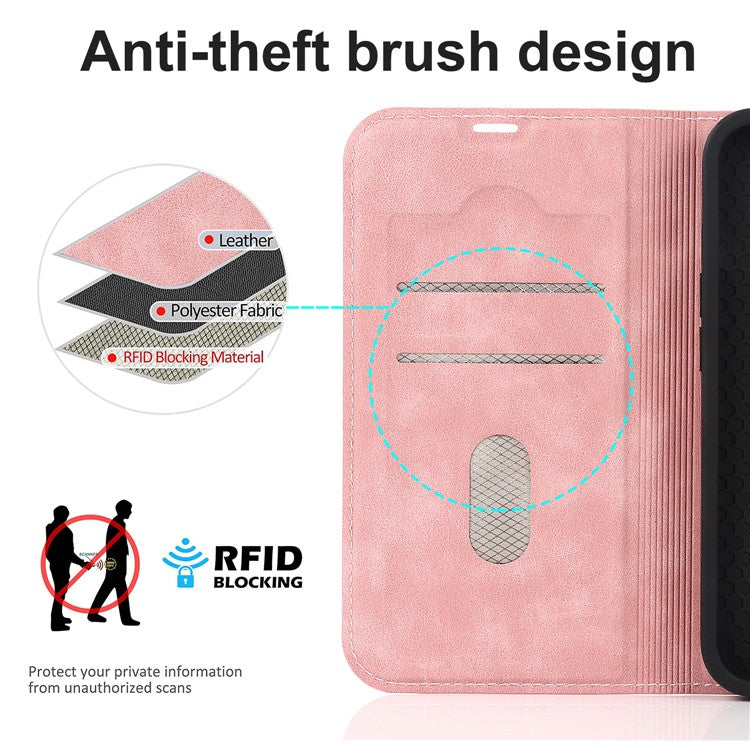 For iPhone 14 Plus Case Magnetic PU Leather RFID Blocking Cell Phone Cover - Pink