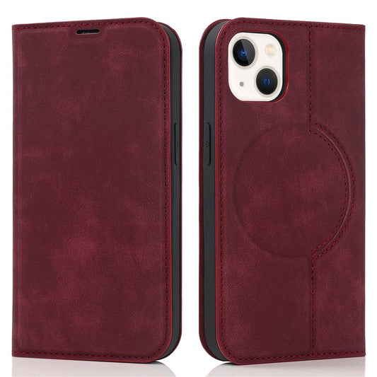 For iPhone 14 Plus Case Magnetic PU Leather RFID Blocking Cell Phone Cover - Red