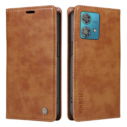 YIKATU YK-006 For Motorola Edge 40 Neo 5G Case Magnetic Flip Folio Leather Wallet Phone Cover - Brown