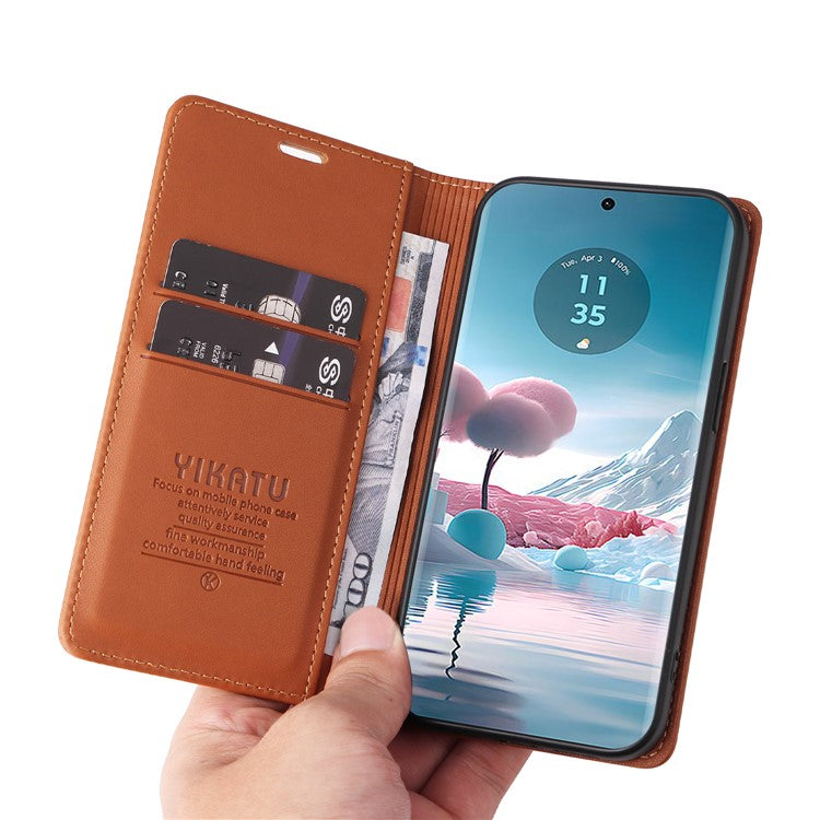 YIKATU YK-001 For Motorola Edge 40 Neo 5G Leather Case Phone Cover Wallet Stand - Brown