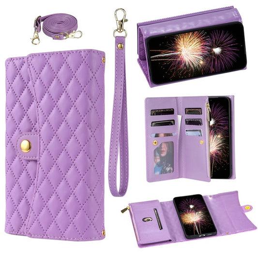 BKS-002 For Samsung Galaxy A34 5G Leather Phone Case 7 Card Slots Zipper Pocket Cover with Straps - Purple