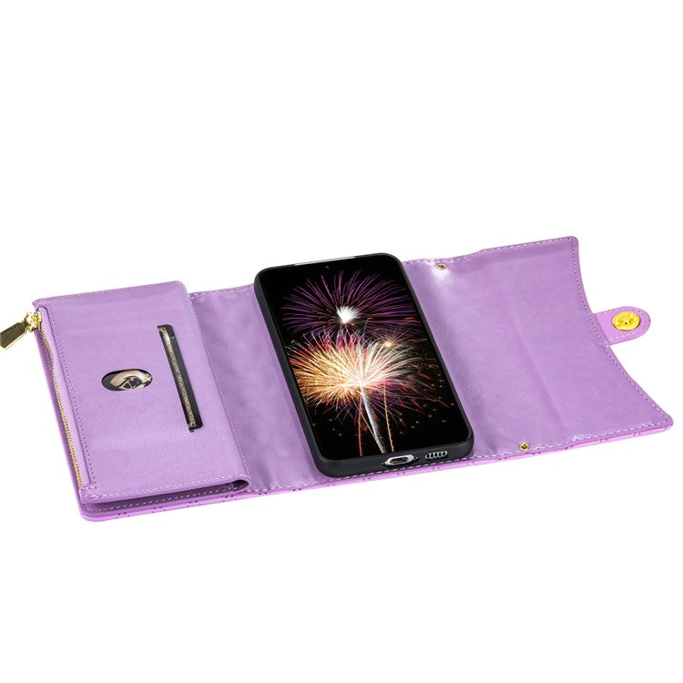 BKS-002 For Samsung Galaxy A34 5G Leather Phone Case 7 Card Slots Zipper Pocket Cover with Straps - Purple