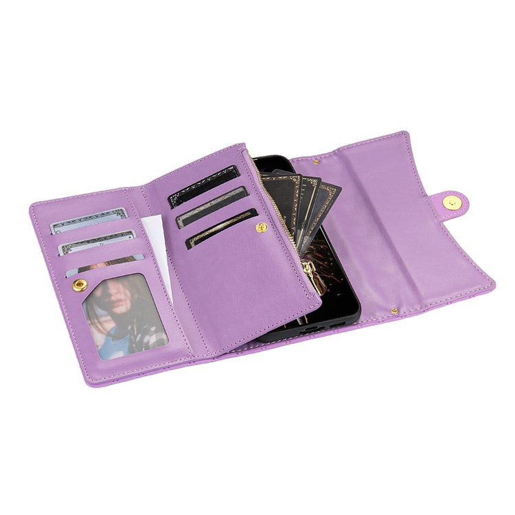 BKS-002 For Samsung Galaxy A34 5G Leather Phone Case 7 Card Slots Zipper Pocket Cover with Straps - Purple