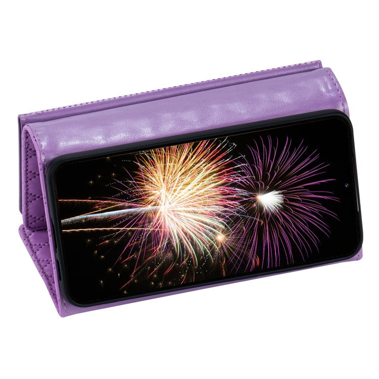 BKS-002 For Samsung Galaxy A34 5G Leather Phone Case 7 Card Slots Zipper Pocket Cover with Straps - Purple