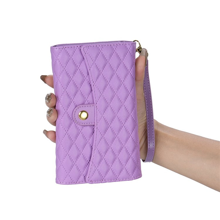 BKS-002 For Samsung Galaxy A34 5G Leather Phone Case 7 Card Slots Zipper Pocket Cover with Straps - Purple