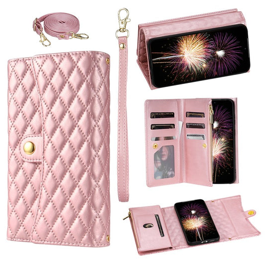 BKS-002 For Samsung Galaxy A35 5G Leather Phone Case Handbag Zipper Pocket Cover Rhombus Pattern - Rose Gold