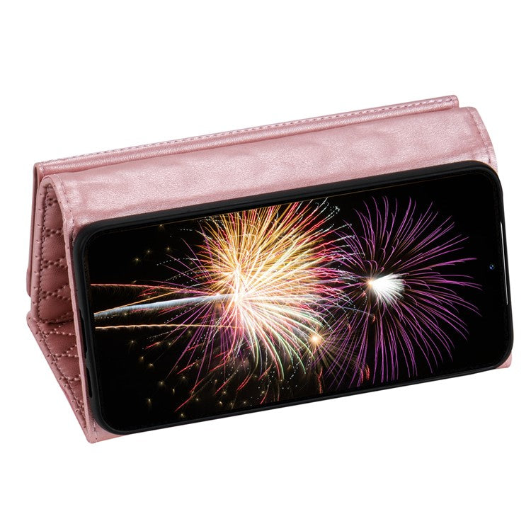 BKS-002 For Samsung Galaxy A35 5G Leather Phone Case Handbag Zipper Pocket Cover Rhombus Pattern - Rose Gold