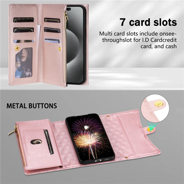 BKS-002 For Samsung Galaxy A35 5G Leather Phone Case Handbag Zipper Pocket Cover Rhombus Pattern - Rose Gold