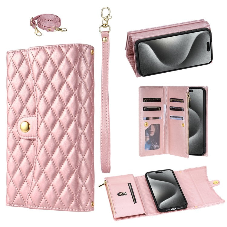 BKS-002 For iPhone 14 Pro Phone Case Zipper Pocket Flip Leather Wallet Cover with Long Strap - Rose Gold