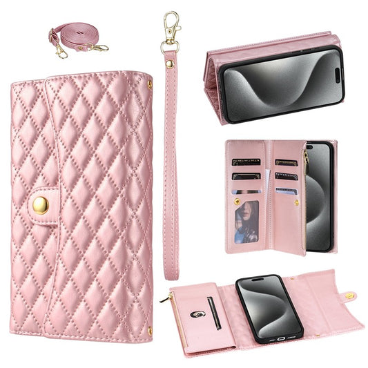 BKS-002 For iPhone 14 Pro Phone Case Zipper Pocket Flip Leather Wallet Cover with Long Strap - Rose Gold
