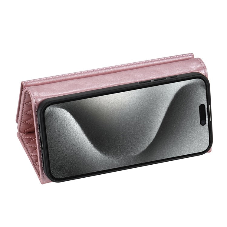 BKS-002 For iPhone 14 Pro Phone Case Zipper Pocket Flip Leather Wallet Cover with Long Strap - Rose Gold