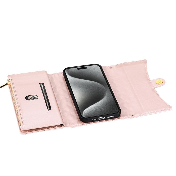 BKS-002 For iPhone 14 Pro Phone Case Zipper Pocket Flip Leather Wallet Cover with Long Strap - Rose Gold