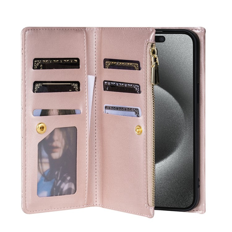BKS-002 For iPhone 14 Pro Phone Case Zipper Pocket Flip Leather Wallet Cover with Long Strap - Rose Gold