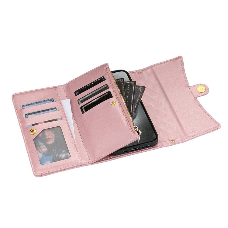 BKS-002 For iPhone 14 Pro Phone Case Zipper Pocket Flip Leather Wallet Cover with Long Strap - Rose Gold