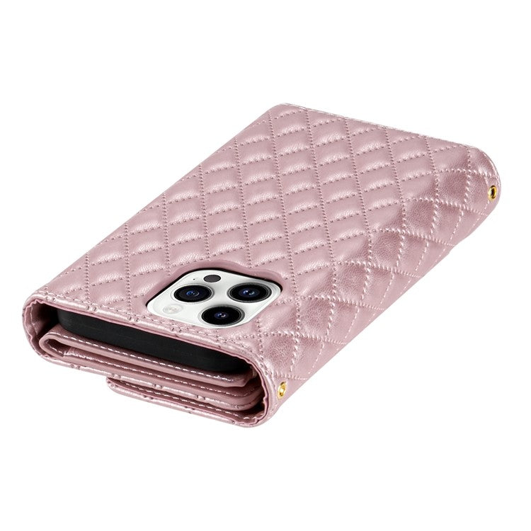 BKS-002 For iPhone 14 Pro Phone Case Zipper Pocket Flip Leather Wallet Cover with Long Strap - Rose Gold