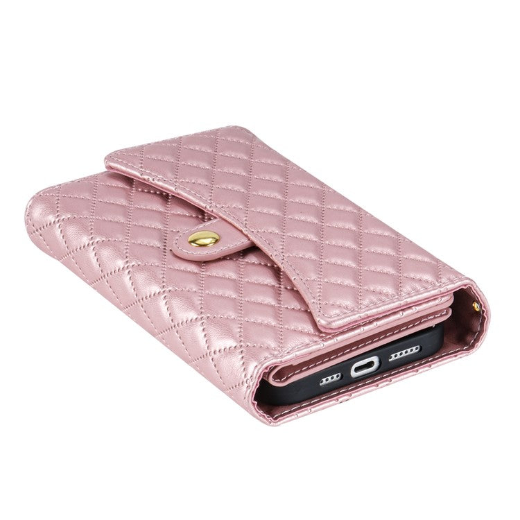 BKS-002 For iPhone 14 Pro Phone Case Zipper Pocket Flip Leather Wallet Cover with Long Strap - Rose Gold